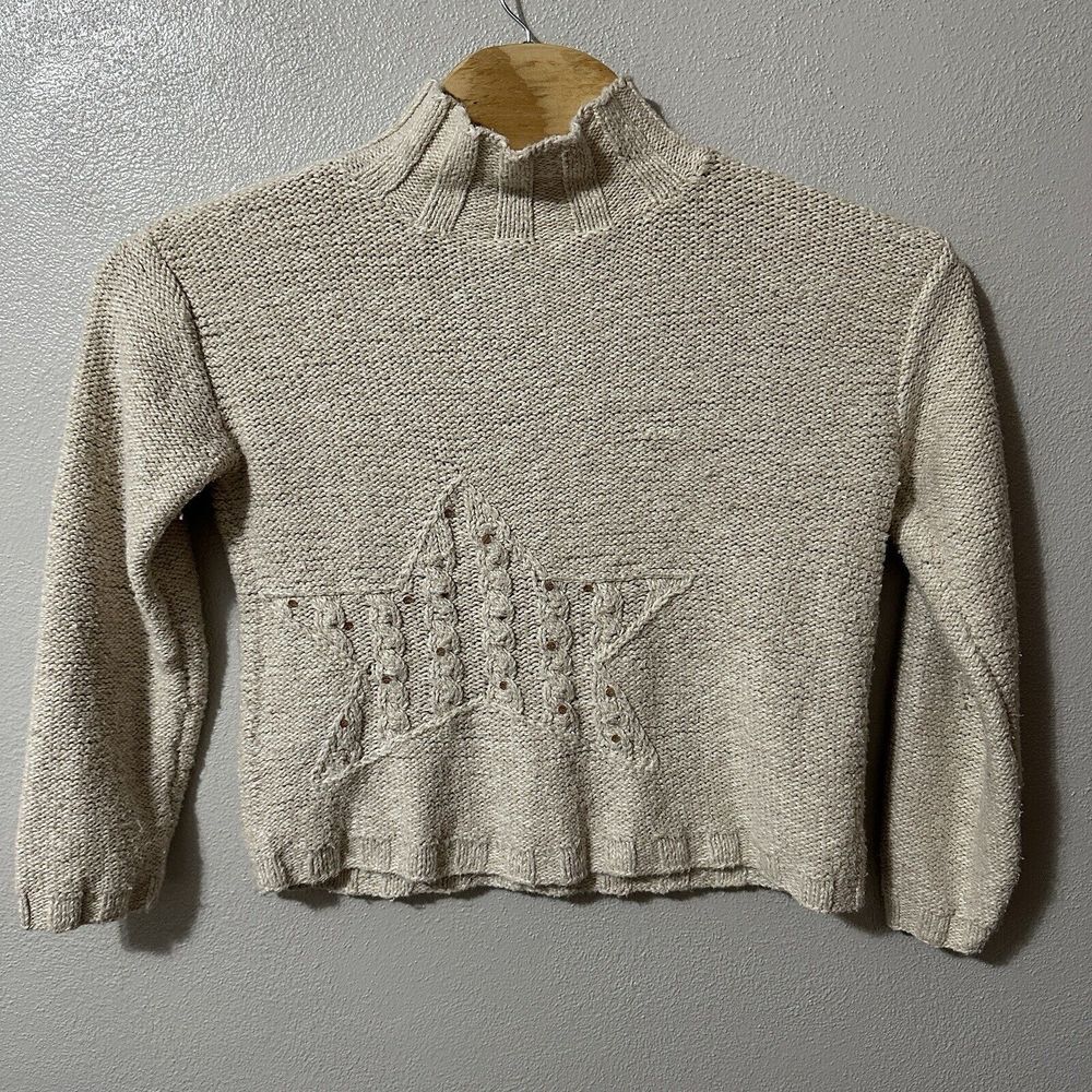 J. Jill Hand Knit Size Medium Silk Blend Sweater Beige Cottagecore Star Holiday